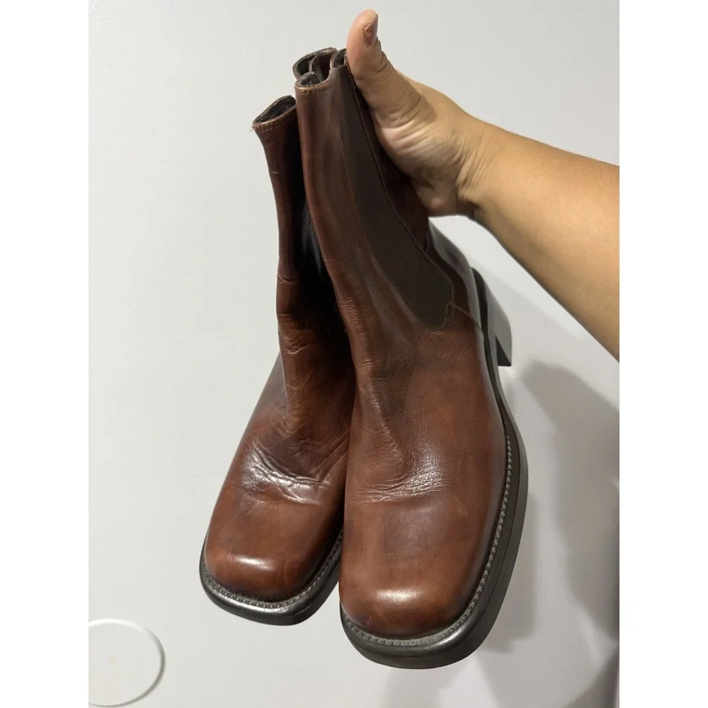 Joan And‎ David Brown Leather Boots Booties Sz 40 Made In Italy Square Toe Y2K